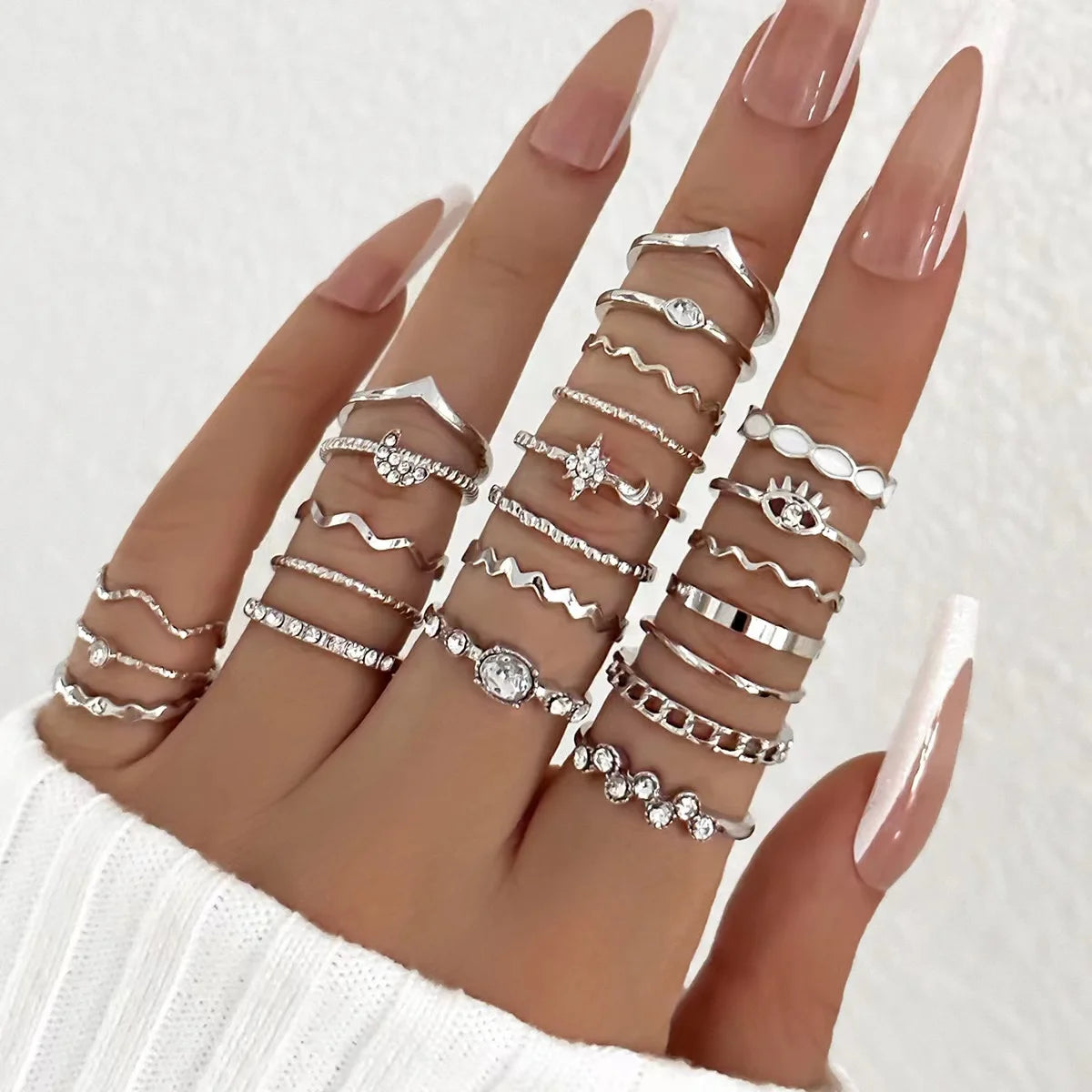 23 peças moda luxo brilhante zircão onda multi-elemento design conjunto de anel feminino, adequado ou anéis de uso diário feminino