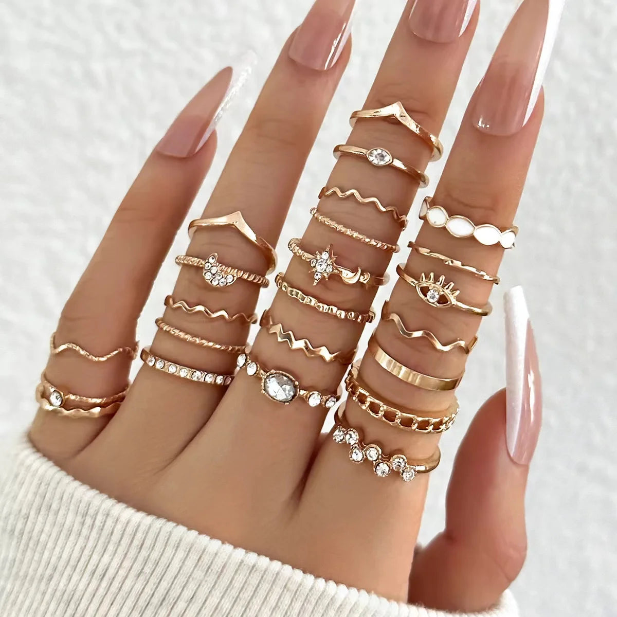 23 peças moda luxo brilhante zircão onda multi-elemento design conjunto de anel feminino, adequado ou anéis de uso diário feminino